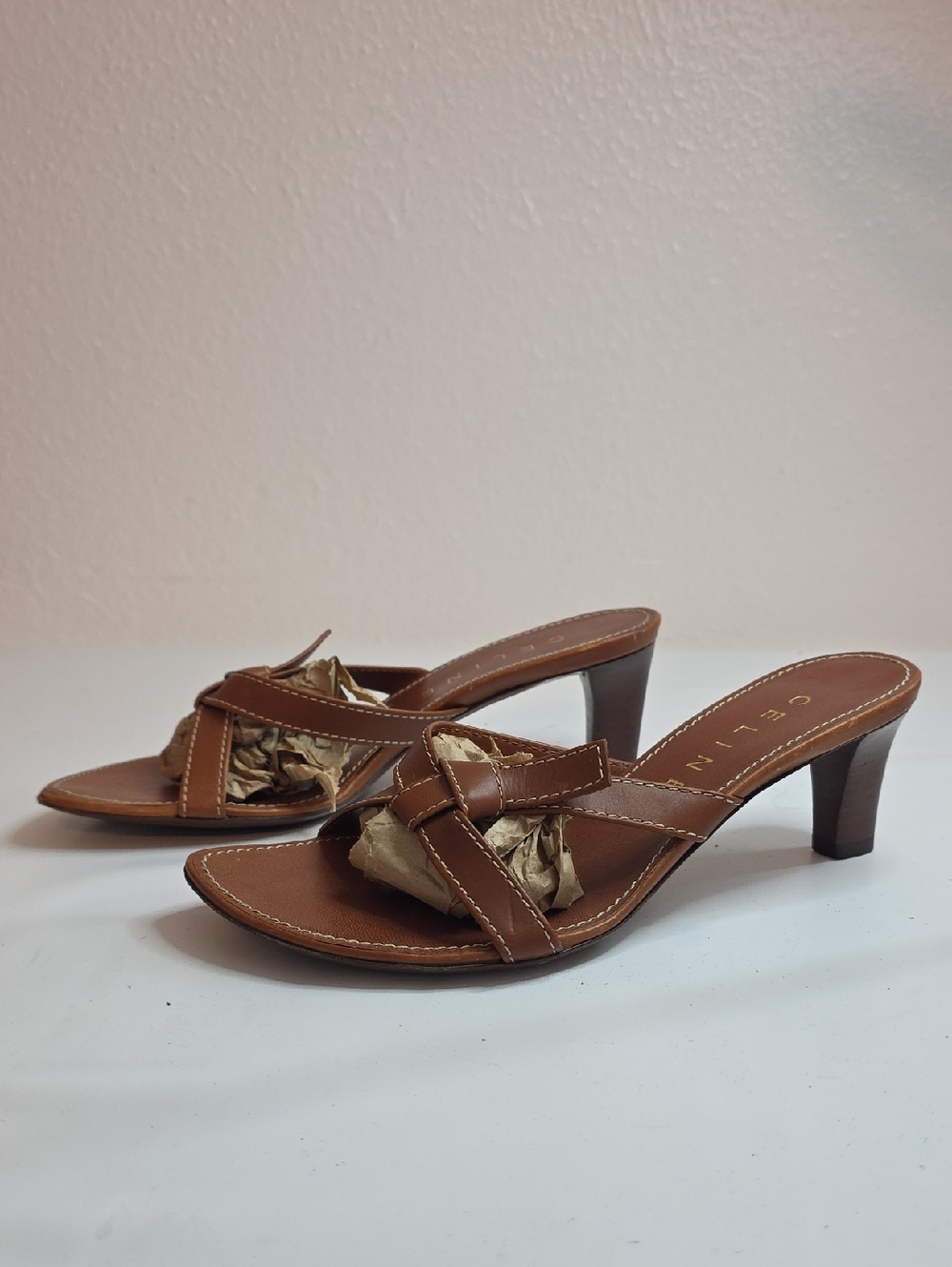 CELINE CRISS-CROSS LEATHER DISTINCTIVE STRAP KITTEN HEEL SANDALS LADIES SIZE 36
